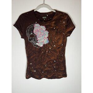 Vintage Y2K GRAIL brown skulls grunge tshirt sz L paint splatter retro festival
